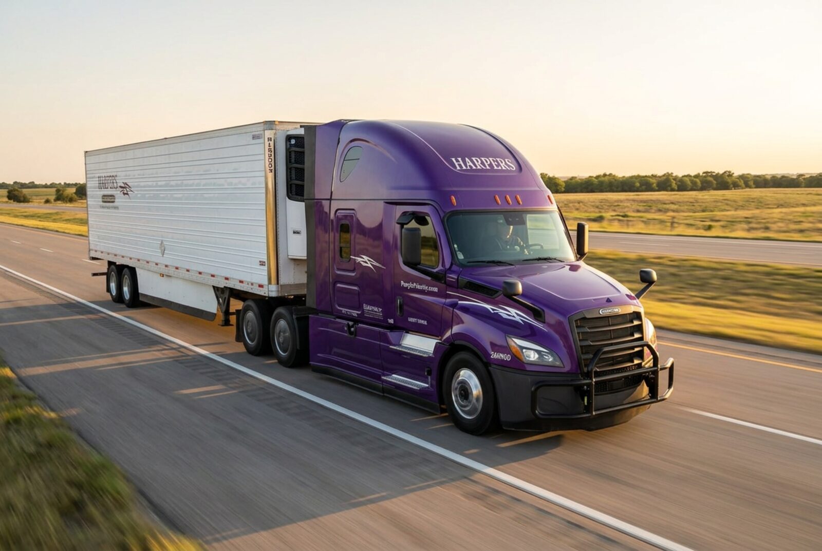 Harpers purple Freightliner pulling a refrigerated trailer down an open highway at golden hour